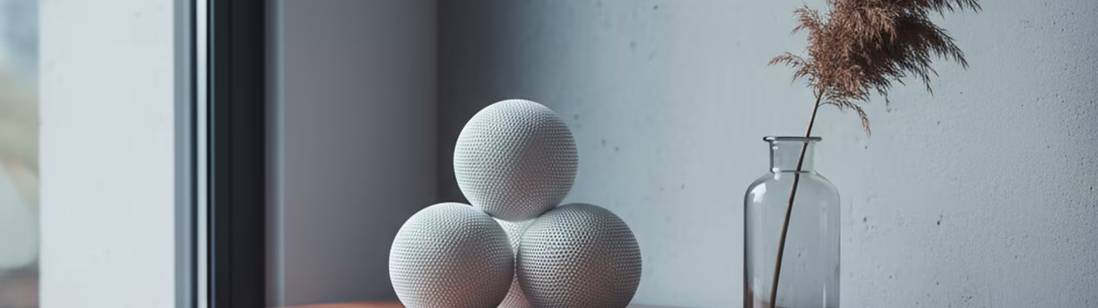 Three white mesh wifi nodes on a console table