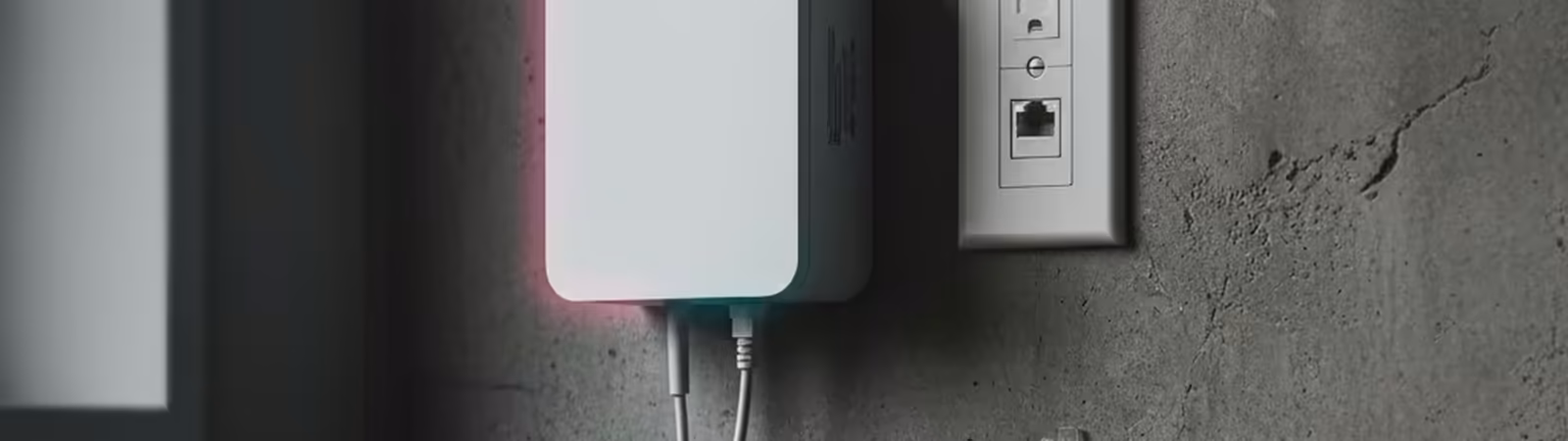 Fibre ONT box mounted on a wall next to a wall plate