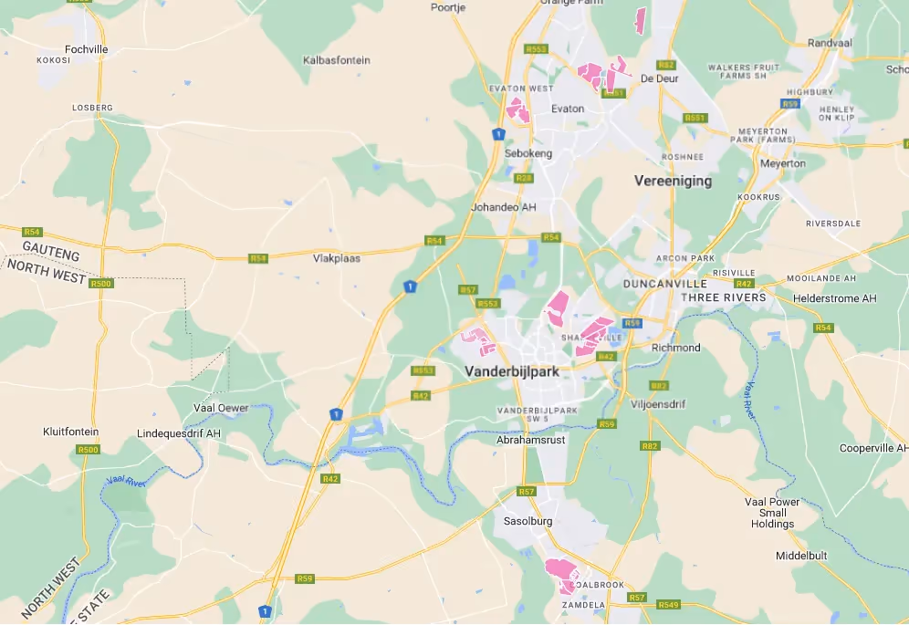 Vuma Reach fibre coverage map for Vanderbijlpark showing rollout zones