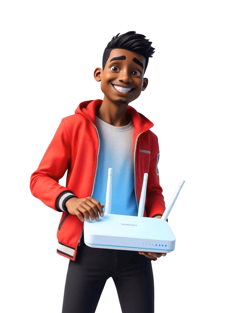 Young South African Vodacom fibre customer holding a Wi-Fi router