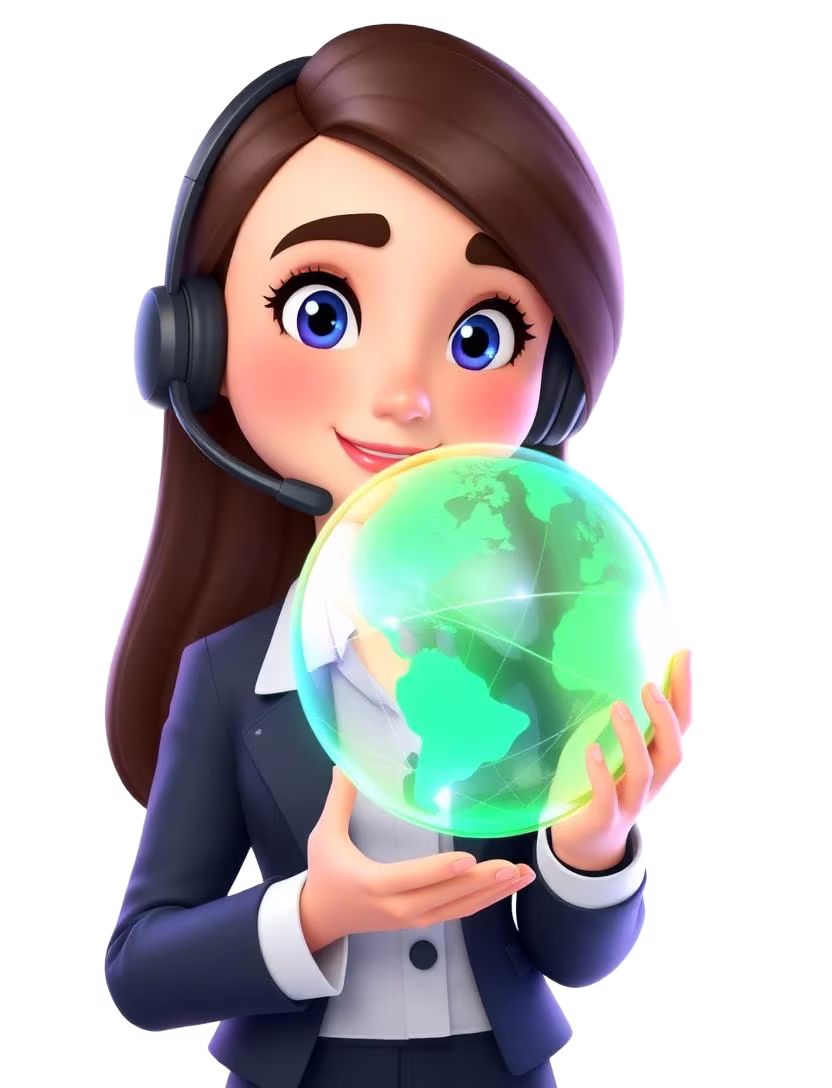 Cartoon Vox support agent holding glowing globe representing Vox fibre