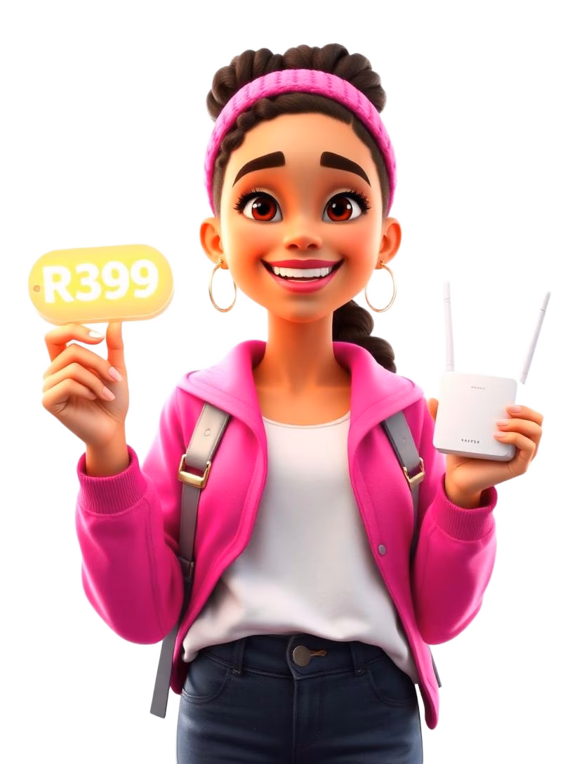 South African woman holding a Vuma R399 price tag and a free Wi-Fi router