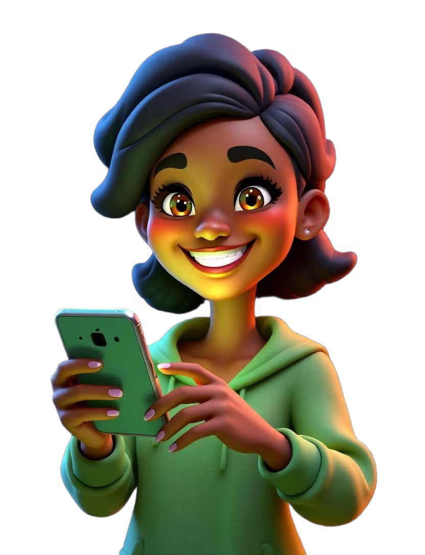 Cartoon character holding smartphone showing Vuma WiFi signal