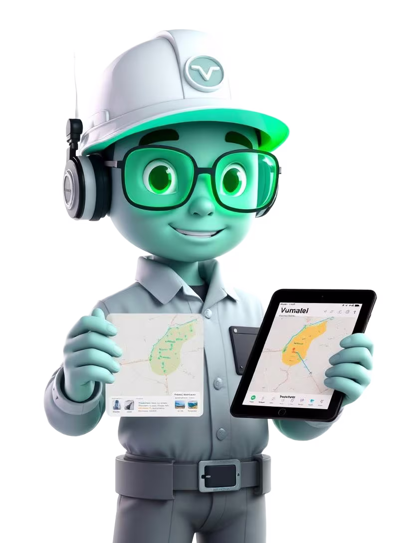 Cartoon Vumatel technician holding tablet showing fibre coverage map