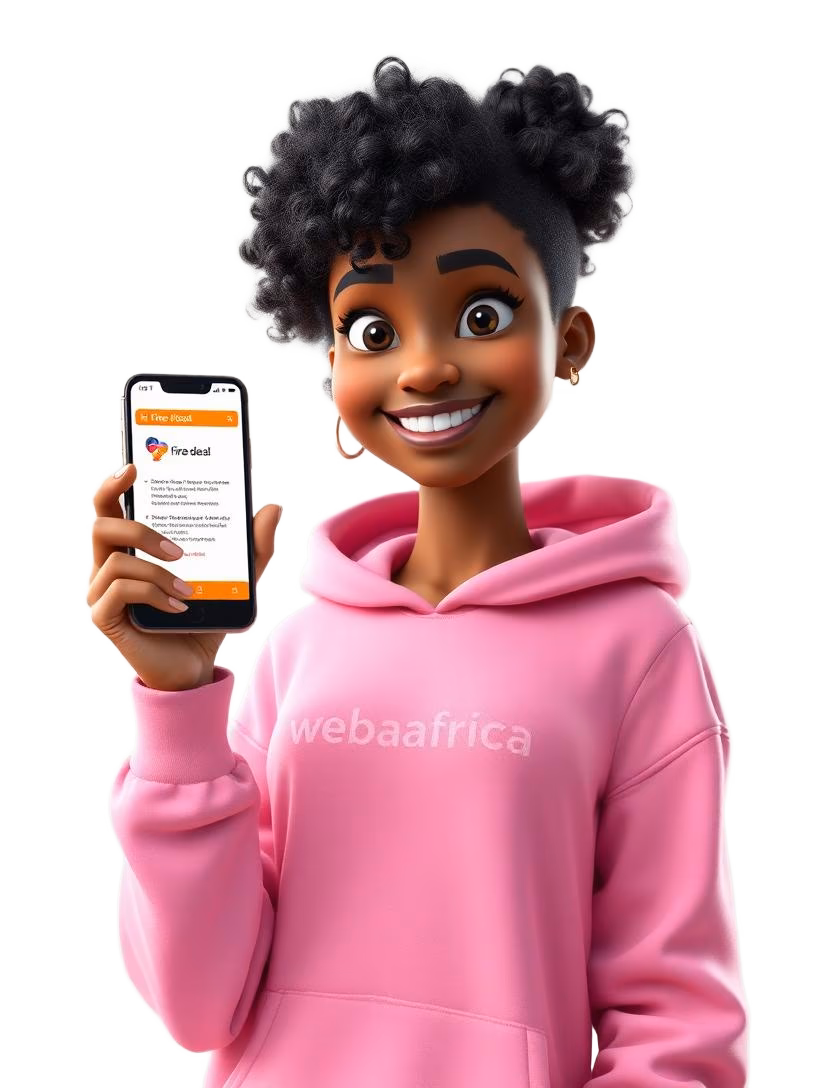 South African Webafrica fibre customer in a pink hoodie holding a phone with deals