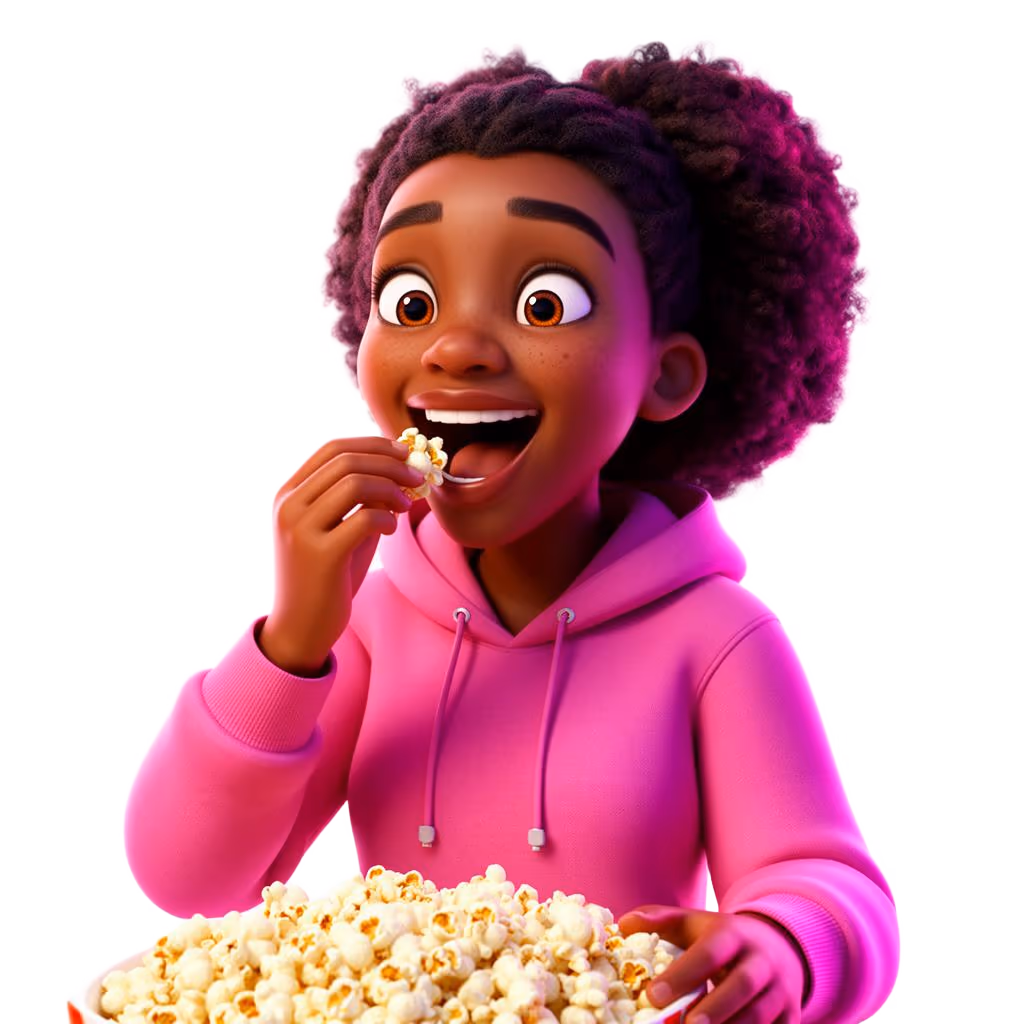 Excited South African woman in pink hoodie eating popcorn while streaming on Webafrica fibre