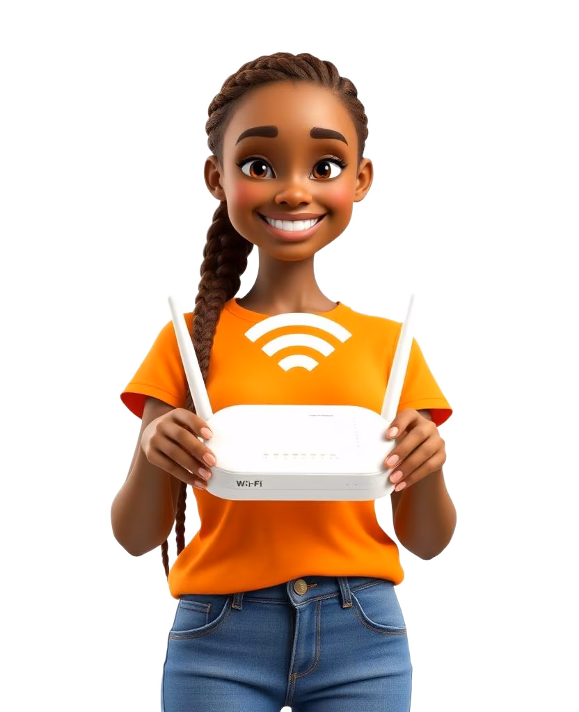 3D character in an orange t-shirt holding a Wi-Fi router with signal waves