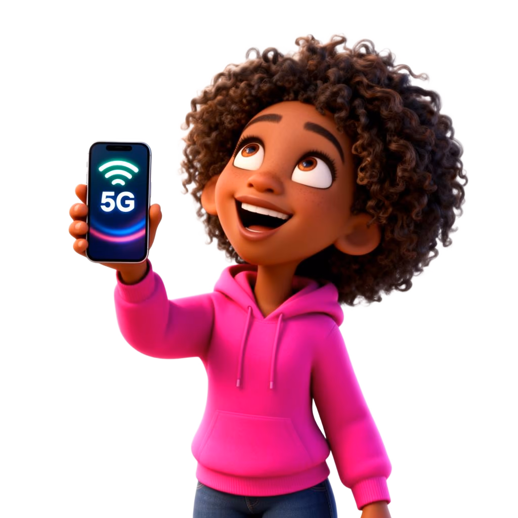 Illustration of a 5G cell tower beaming pink signal waves